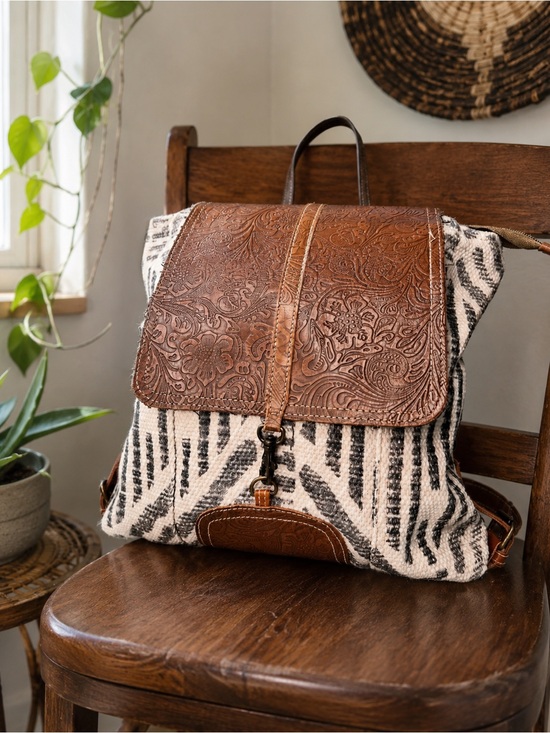 Myra Bag Handbags - Myra Bag Tooled Leather Canvas Backpack Brown White Gray Embossed Floral